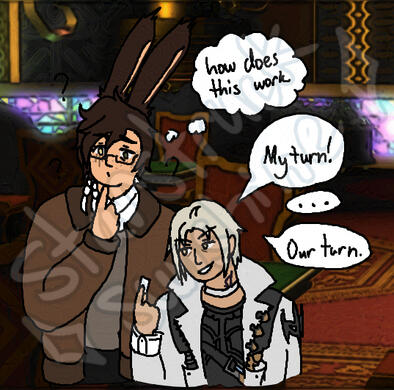 Cinnamon and Thancred, playing Mahjong. Thancred exclaims, "My turn!", and then corrects himself, "Our turn."