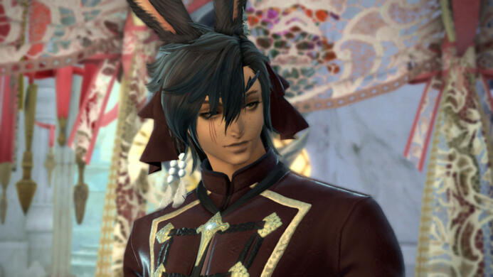 Cinnamon, a Viera, wearing an elegant dark red shirt, with matching dark red hair ribbons, at their Eternal Bonding.