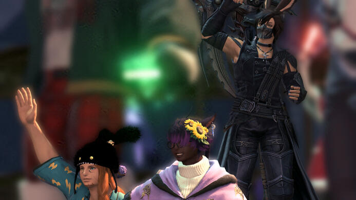 Cinnamon - a Viera with dark hair and light skin, A'kit - a Miqo'te with dark purple hair and dark skin, and J'ermi - a Miqo'te with ginger hair and light skin, celebrating after opening some rather disappointing presents they won.