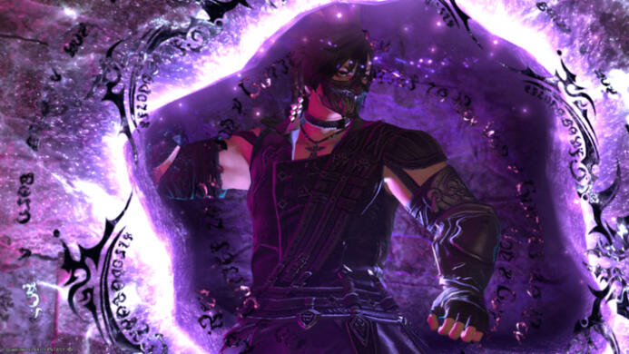 Cinnamon, a Viera with dark brown hair and tan skin, appearing as if they've just popped out of a Hellsgate portal, wearing their Reaper attire.