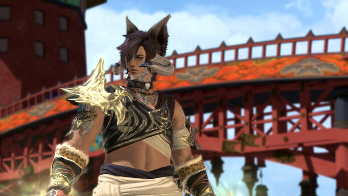 Cinnamon, a Miqo'ra with dark hair and tan skin, looking off to the left in Kugane, wearing their Monk attire.