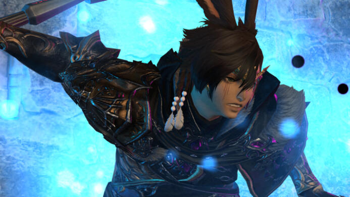 Cinnamon, a Viera with dark brown hair and tan skin, scowling at something to the right while wearing their Dark Knight attire.