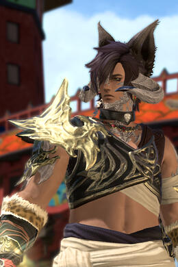 Cinnamon, a Miqo'ra with dark hair and tan skin, looking off to the left in Kugane, wearing their Monk attire.
