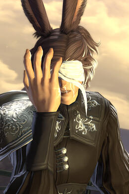 Cinnamon, a Viera with dark brown hair and tan skin, clutching their eye as glowing white blood oozes out of their nose and eye bandages.