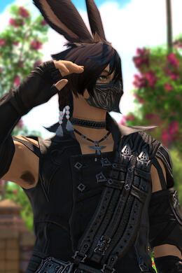 Cinnamon, a Viera with dark brown hair and tan skin, looking off to the right amongst vibrant foliage, wearing their Reaper attire.