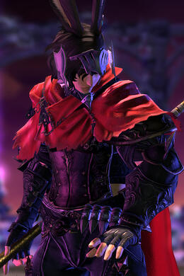 Cinnamon, a Viera with dark brown hair and tan skin, looking downwards with their scythe drawn.