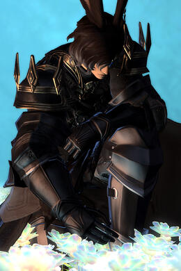 Cinnamon, a Viera with dark brown hair and tan skin, kneeling amidst a field of iridescent Elpis flowers.