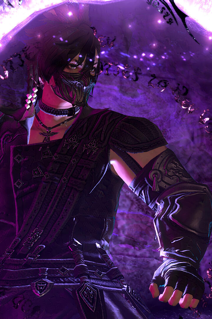 Cinnamon, a Viera with dark brown hair and tan skin, appearing as if they've just popped out of a Hellsgate portal, wearing their Reaper attire.